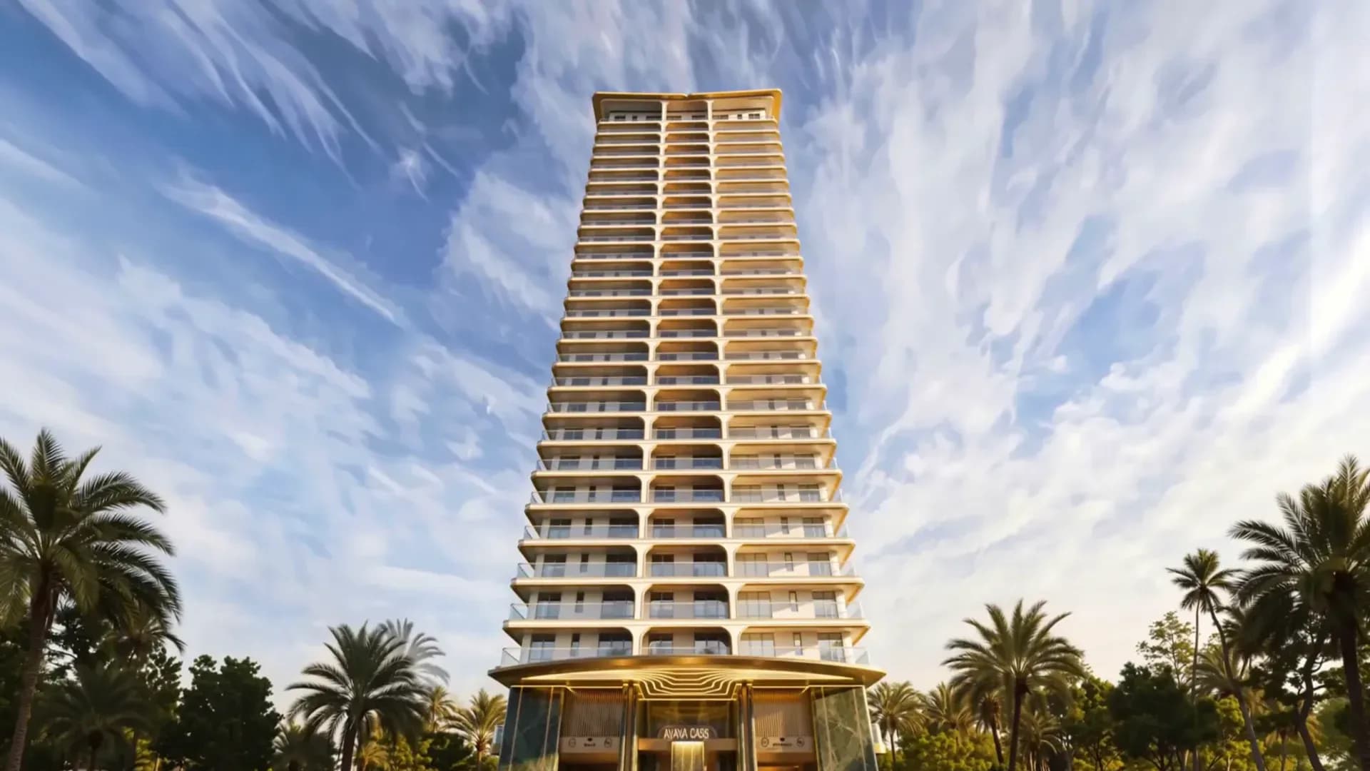 Architectural rendering of Avana Oasis tower framed by palms