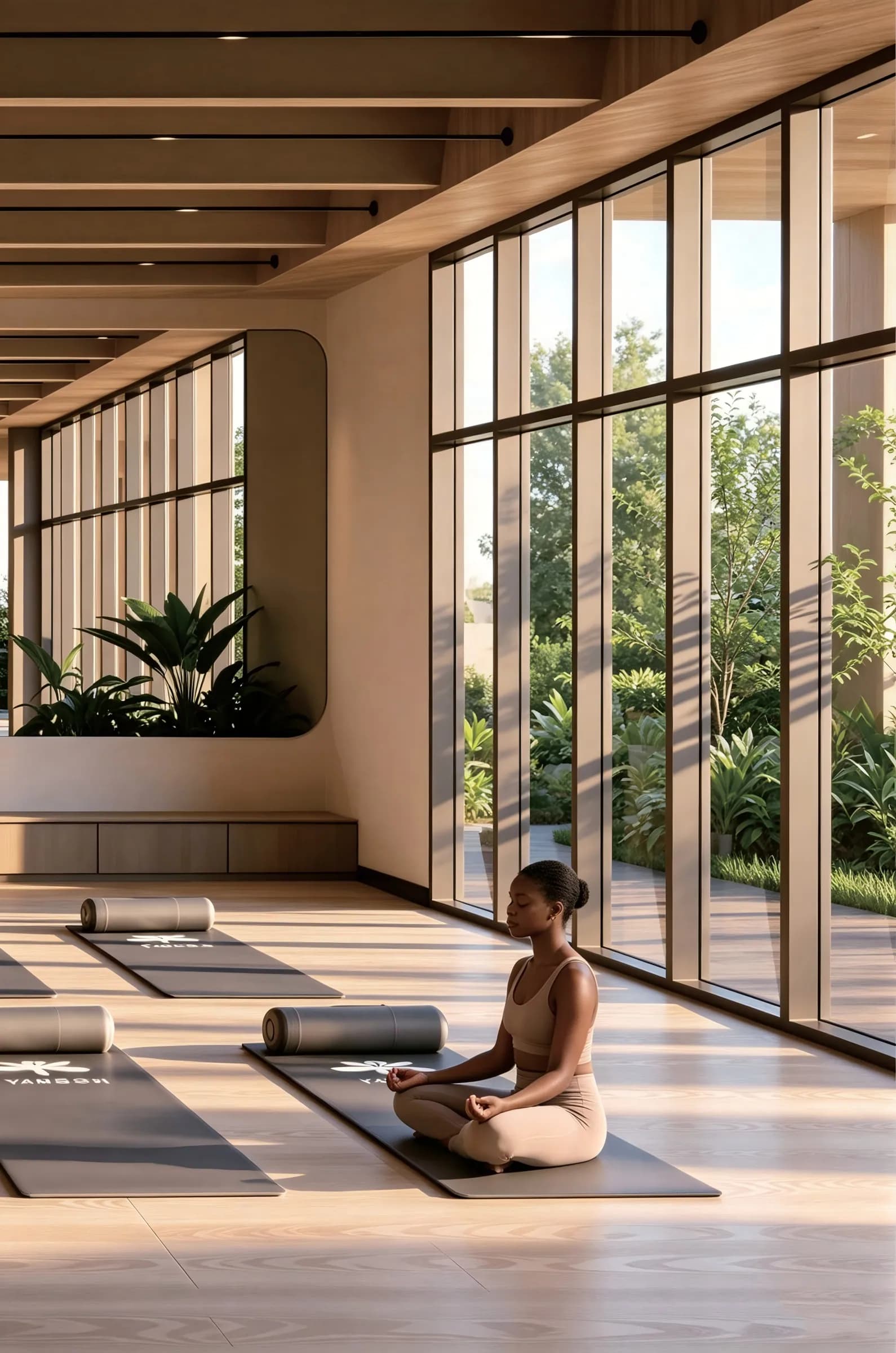 A woman seated in meditation on a mat in a bright yoga room with garden views