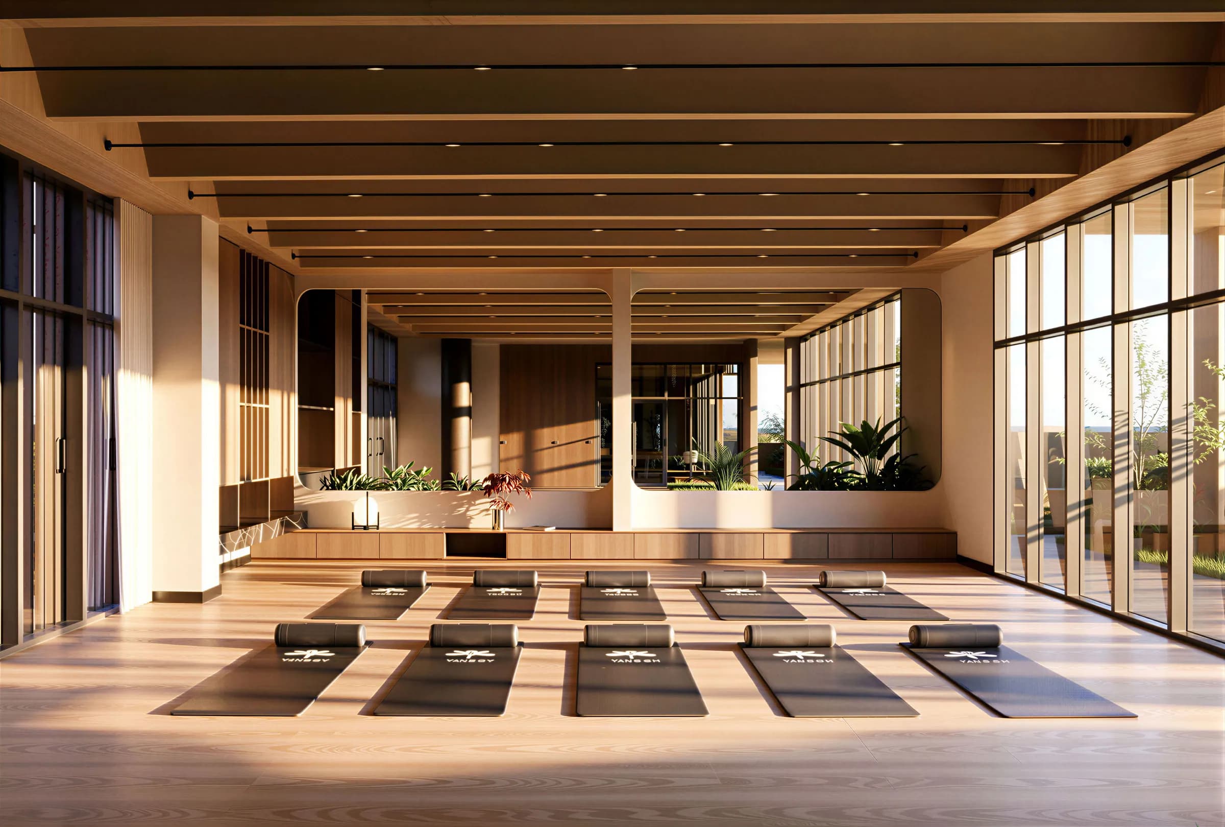 A yoga room with mats set out on a wood floor and tall windows
