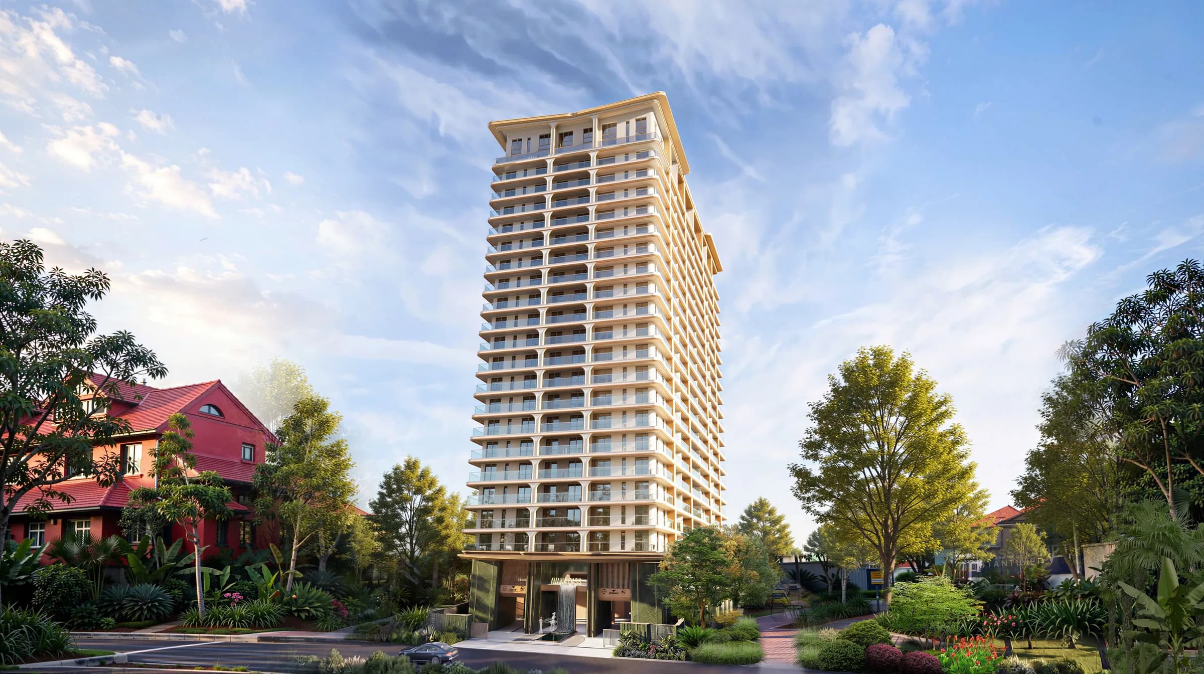 The Avana tower beyond a landscaped garden and a neighbouring red-roofed house under a blue sky
