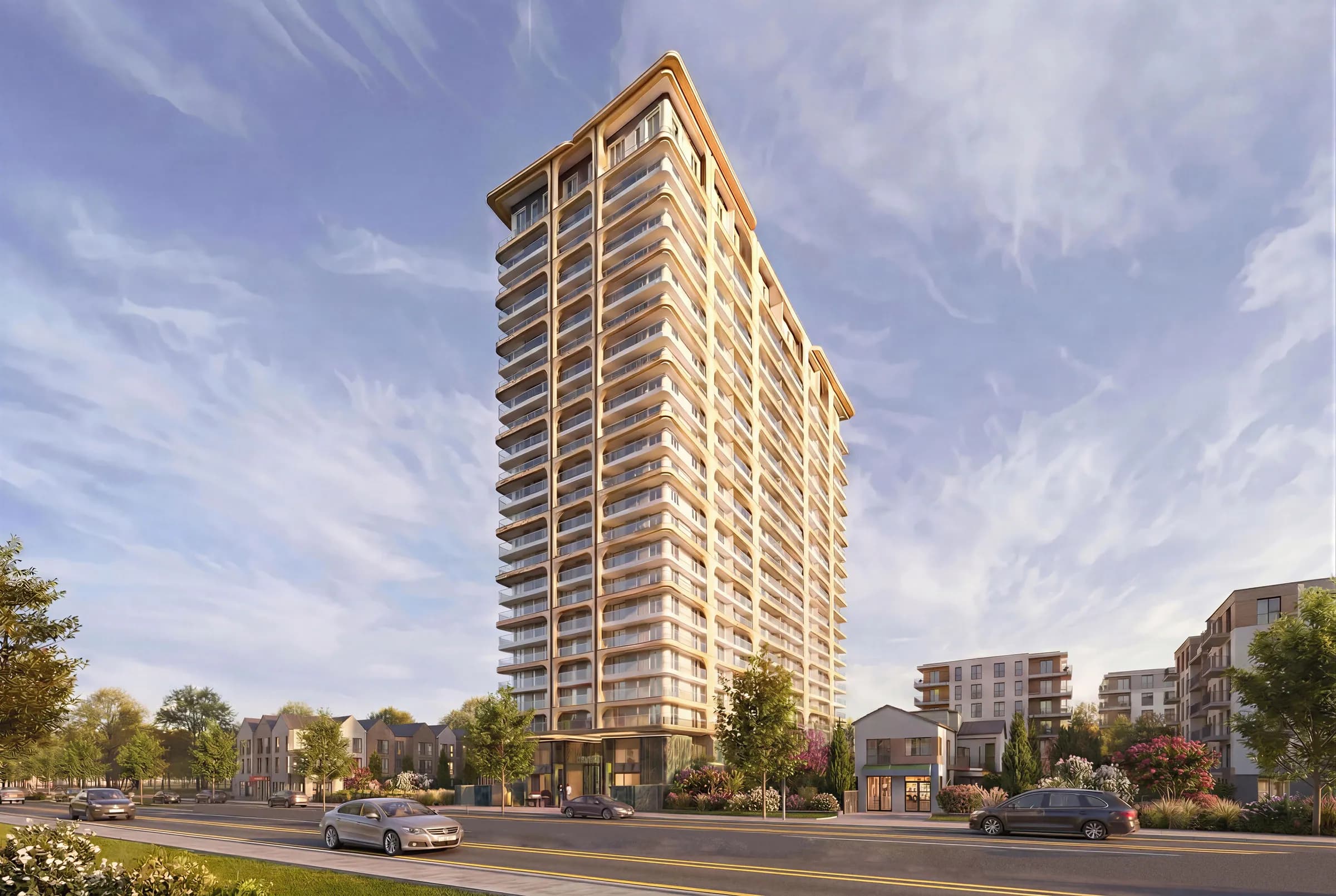 The Avana tower rising above a tree-lined street in daylight, with low buildings alongside