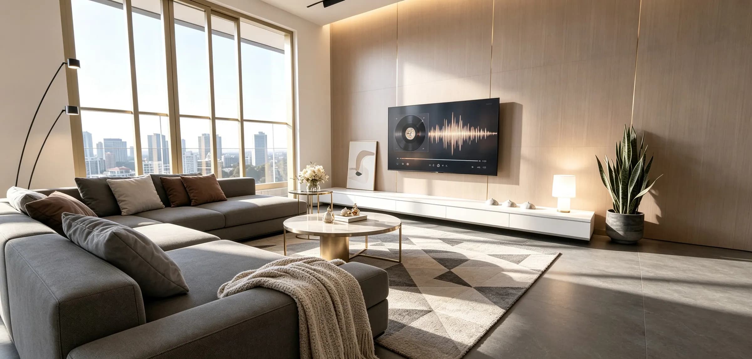 A living room with a grey corner sofa and tall windows looking over the city